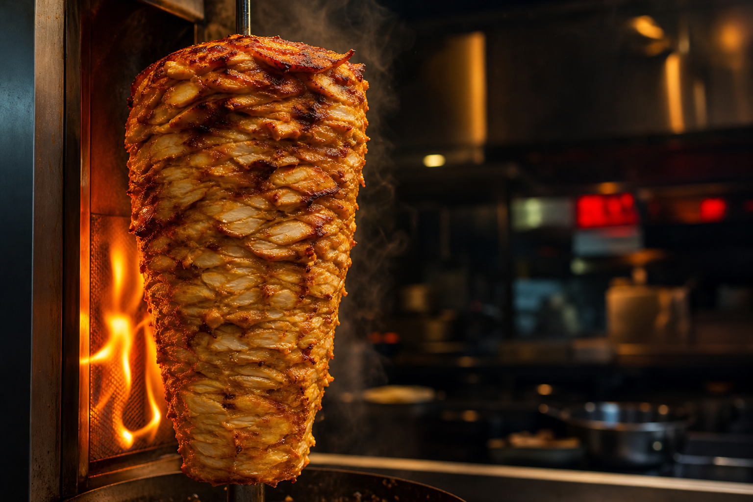 Ateşte dönen taze tavuk döner
